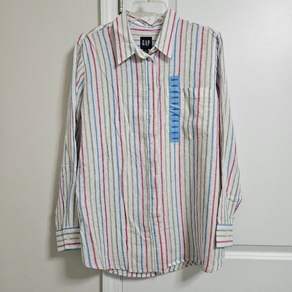 Gap Linen Button Down Shirt Women’s Large White Striped Long Sleeve Pocket NWT - Picture 1 of 8